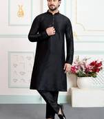 Black art silk straight kurta for men