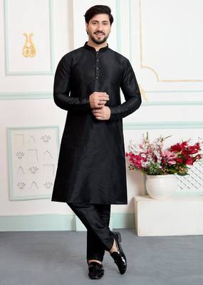 Black art silk straight kurta for men 2