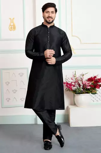 Black art silk straight kurta for men