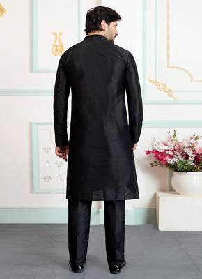 Black art silk straight kurta for men 3