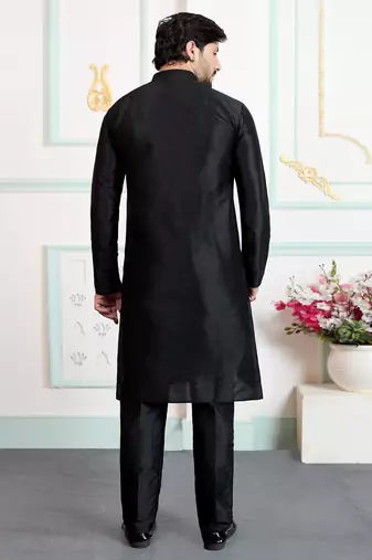 Black art silk straight kurta for men