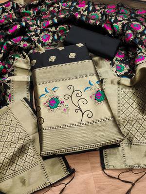 Black soft banarasi silk pure zari woven design dress material 1