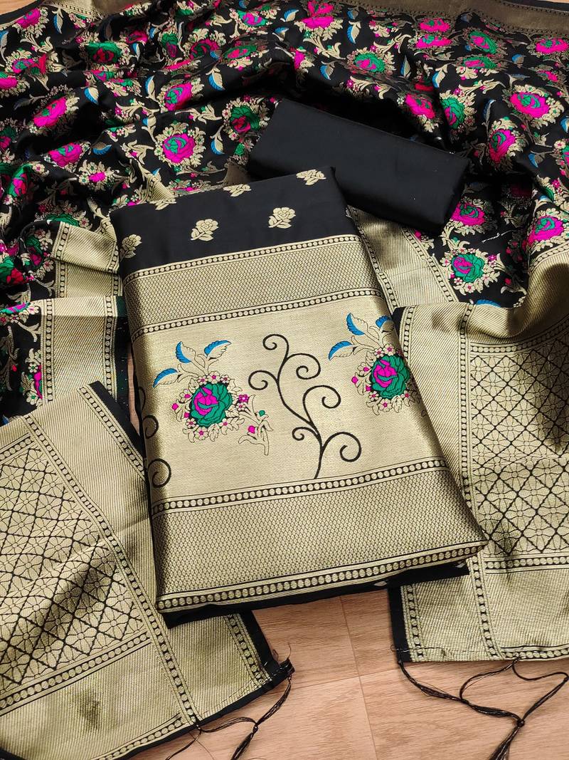 Black soft banarasi silk pure zari woven design dress material