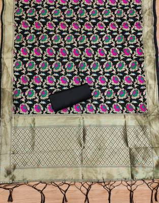 Black soft banarasi silk pure zari woven design dress material 2