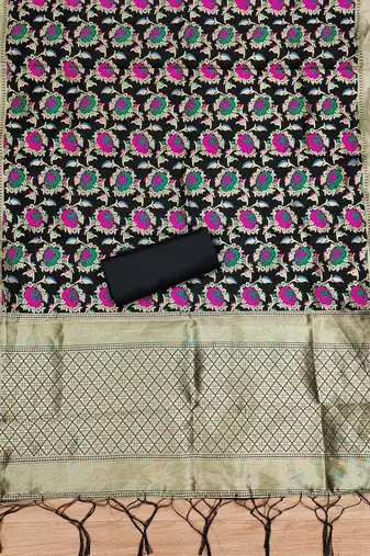 Black soft banarasi silk pure zari woven design dress material