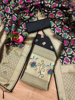 Black soft banarasi silk pure zari woven design dress material 3