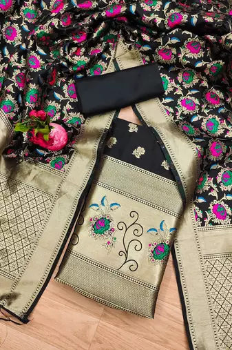 Black soft banarasi silk pure zari woven design dress material