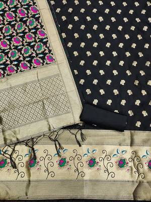Black soft banarasi silk pure zari woven design dress material 4