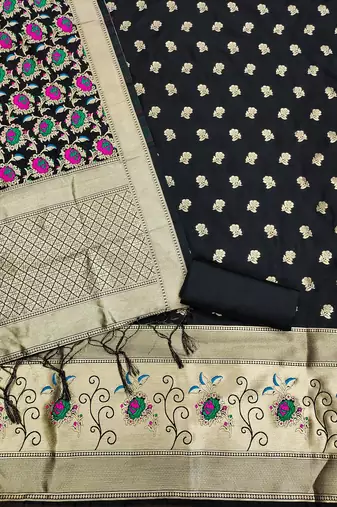 Black soft banarasi silk pure zari woven design dress material