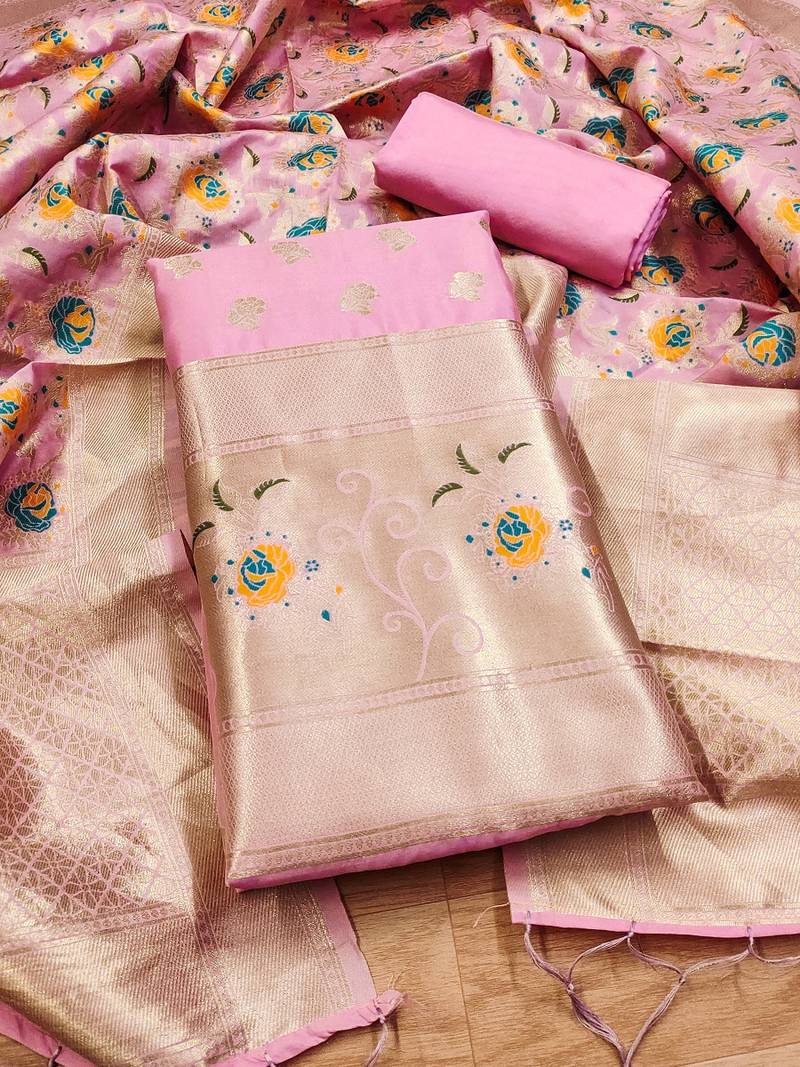 Baby pink soft banarasi silk pure zari woven design dress material