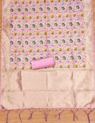 Baby pink soft banarasi silk pure zari woven design dress material 2