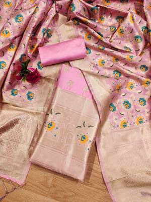 Baby pink soft banarasi silk pure zari woven design dress material 3