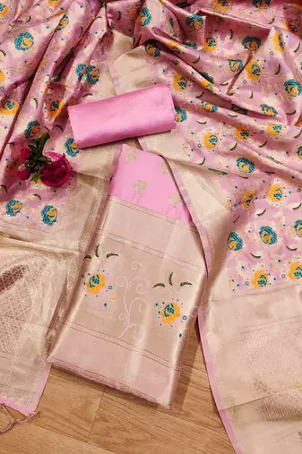 Baby pink soft banarasi silk pure zari woven design dress material