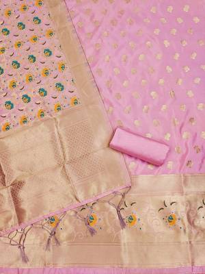 Baby pink soft banarasi silk pure zari woven design dress material 4