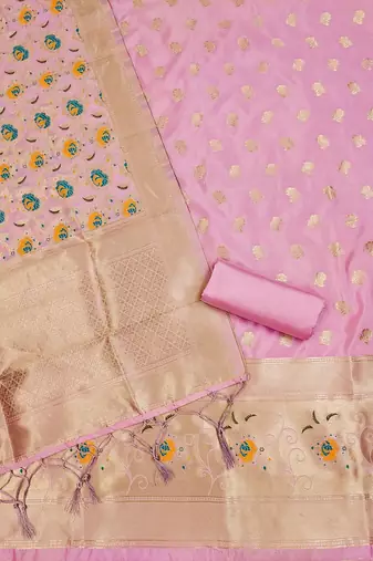 Baby pink soft banarasi silk pure zari woven design dress material