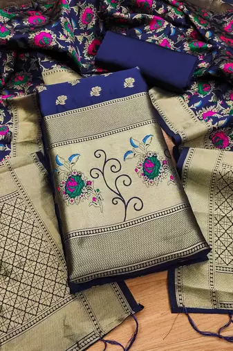 Navy blue soft banarasi silk pure zari woven design dress material