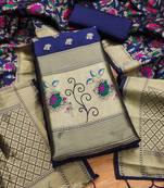 Navy blue soft banarasi silk pure zari woven design dress material