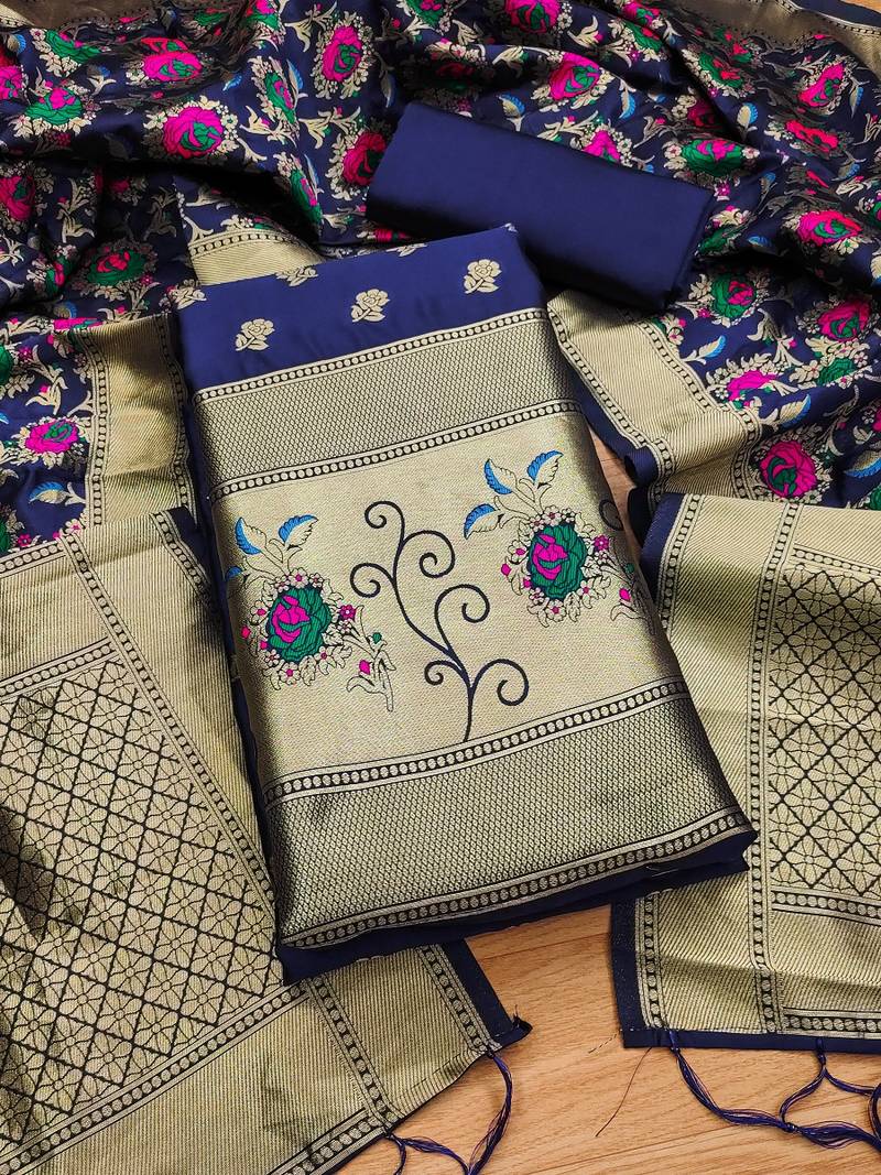 Navy blue soft banarasi silk pure zari woven design dress material