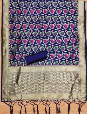 Navy blue soft silk blend silk pure zari woven dress material 2