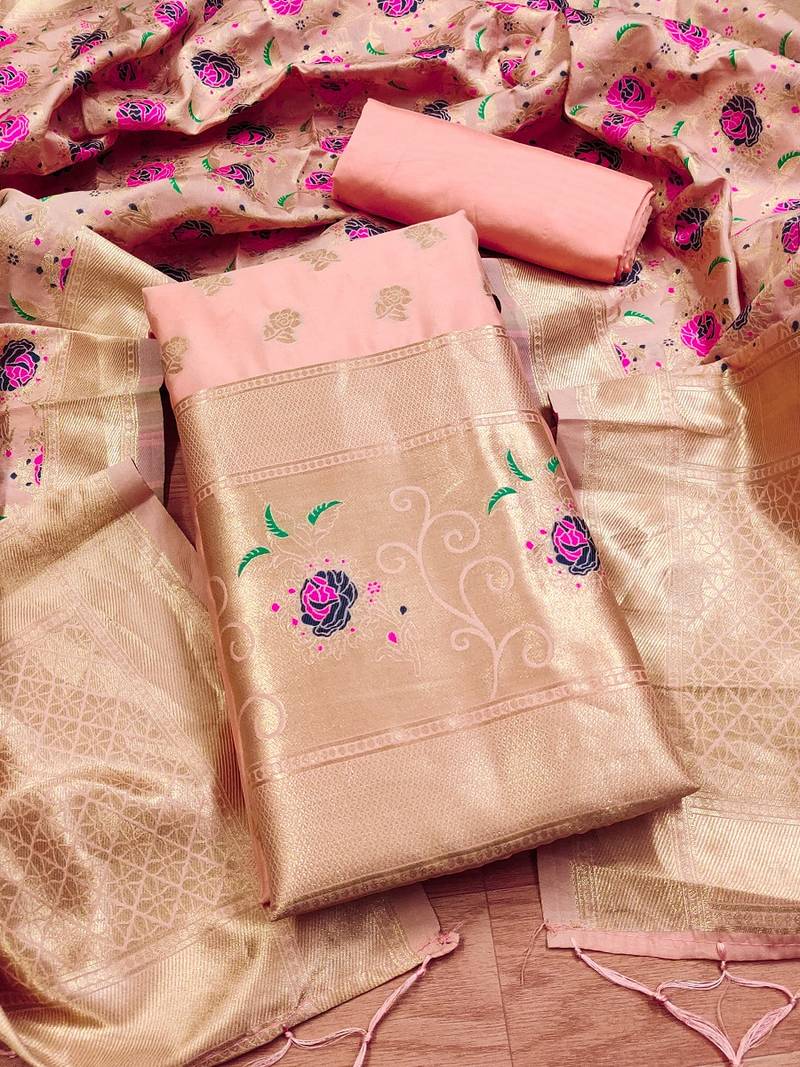 Peach soft banarasi silk pure zari woven design dress material