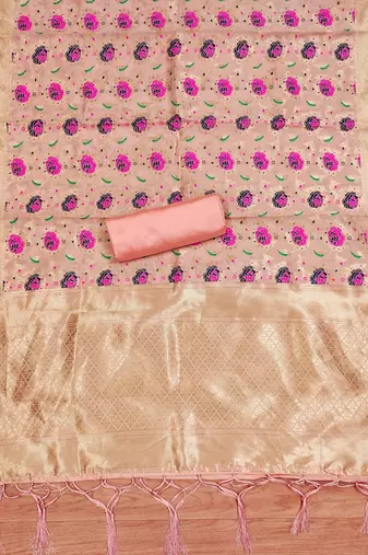 Peach soft silk blend silk pure zari woven dress material