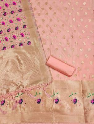 Peach soft silk blend silk pure zari woven dress material 4