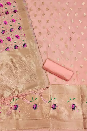 Peach soft silk blend silk pure zari woven dress material