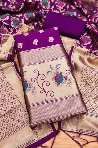Purple soft banarasi silk pure zari woven design dress material