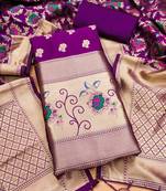 Purple soft banarasi silk pure zari woven design dress material