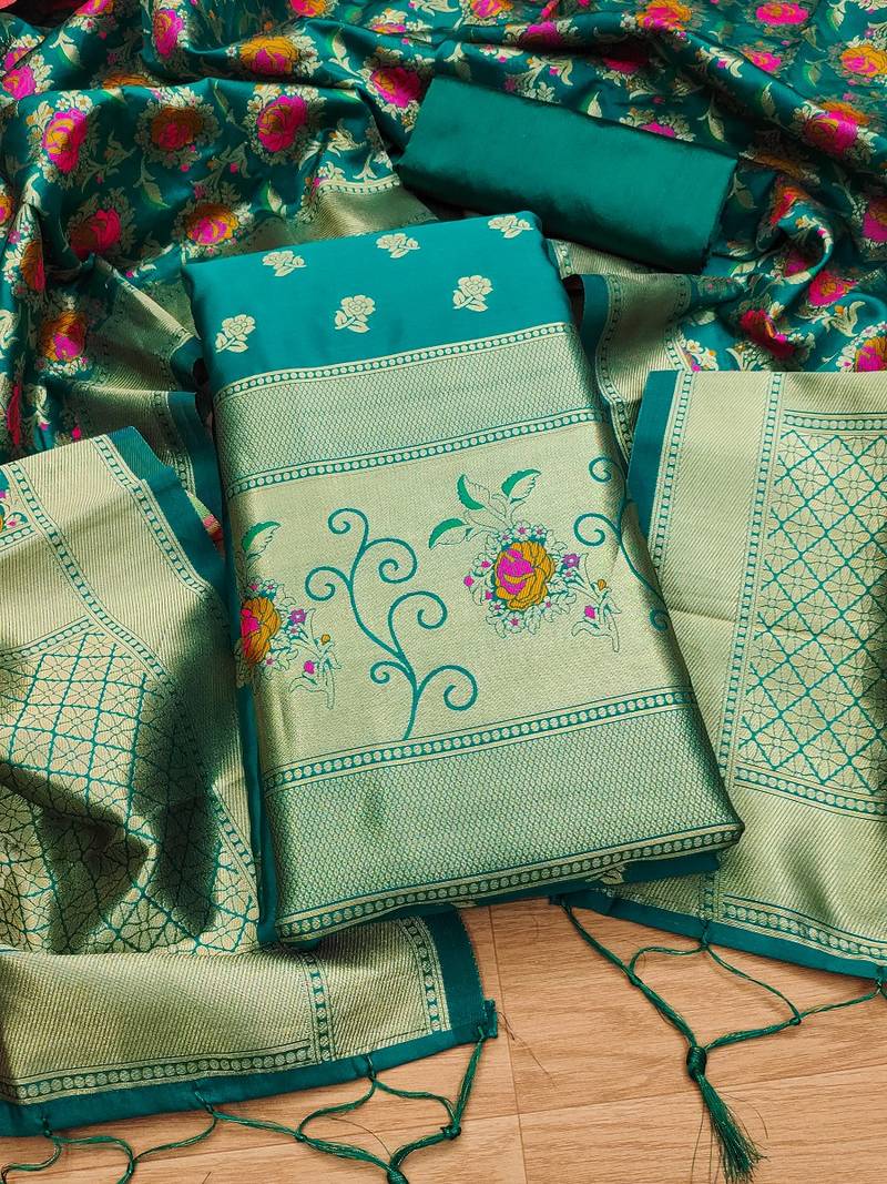 Teal soft banarasi silk pure zari woven design dress material