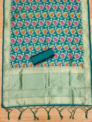 Teal soft silk blend silk pure zari woven dress material 2