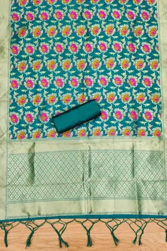 Teal soft silk blend silk pure zari woven dress material