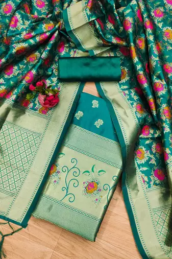 Teal soft silk blend silk pure zari woven dress material