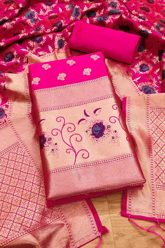 Pink soft banarasi silk pure zari woven design dress material