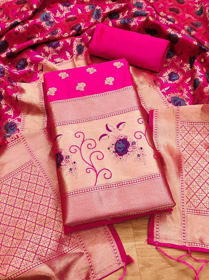 Pink soft banarasi silk pure zari woven design dress material