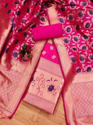 Pink soft silk blend silk pure zari woven dress material 3