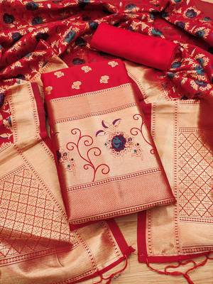 Red soft silk blend silk pure zari woven dress material 1