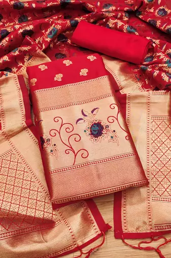 Red soft banarasi silk pure zari woven design dress material