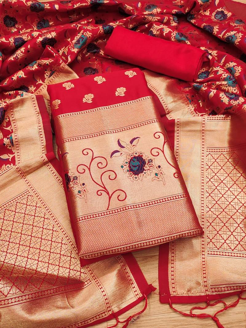 Red soft banarasi silk pure zari woven design dress material