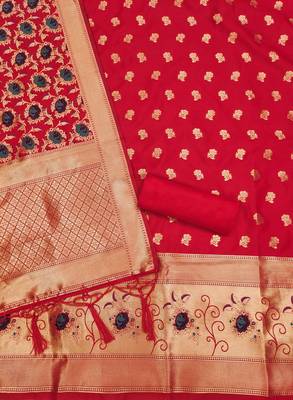 Red soft silk blend silk pure zari woven dress material 4