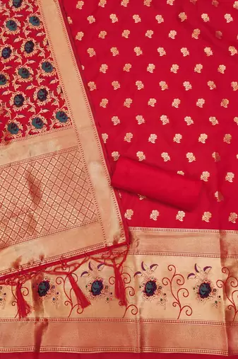 Red soft silk blend silk pure zari woven dress material