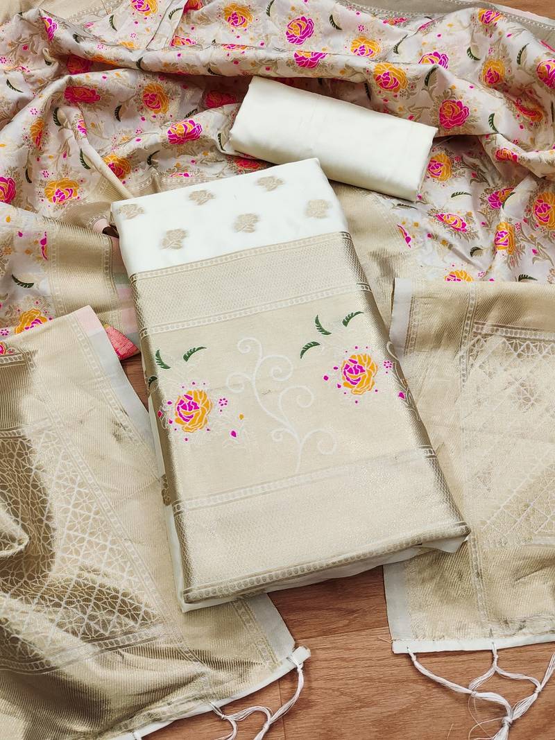 White soft banarasi silk pure zari woven design dress material