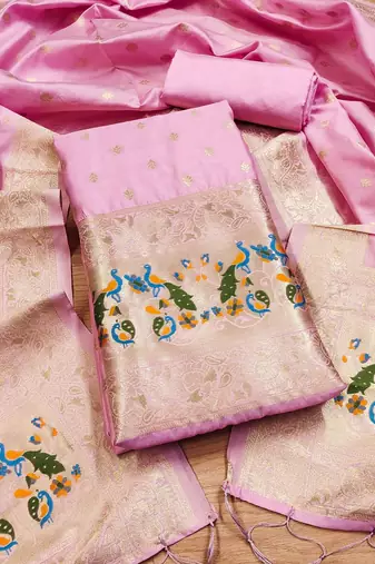 Baby pink soft banarasi silk pure zari woven design dress material