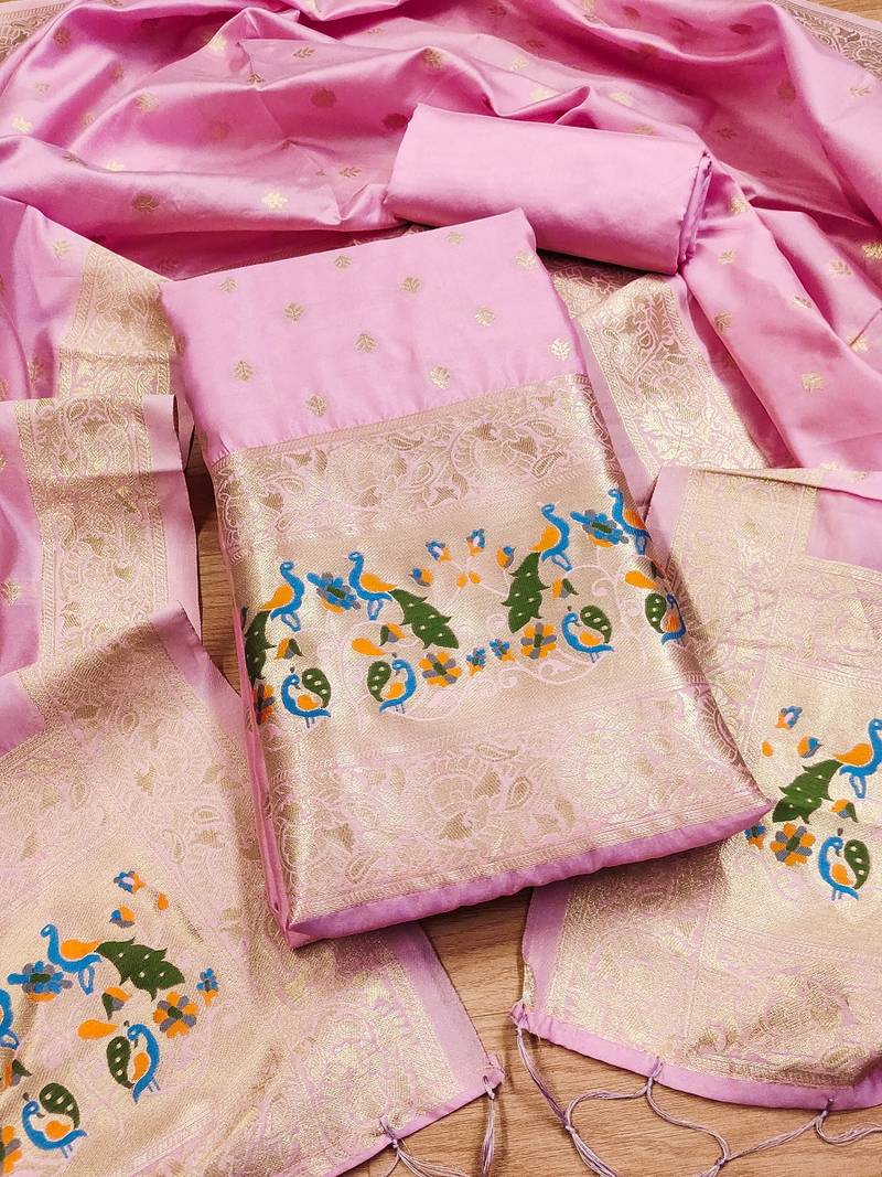Baby pink soft banarasi silk pure zari woven design dress material