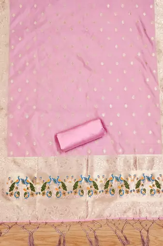 Baby pink soft silk blend silk pure zari woven dress material
