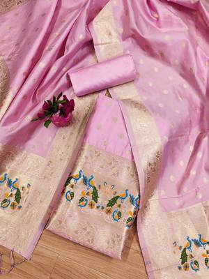 Baby pink soft silk blend silk pure zari woven dress material 3