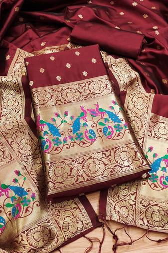 Maroon soft banarasi silk pure zari woven design dress material