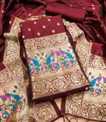 Maroon soft banarasi silk pure zari woven design dress material
