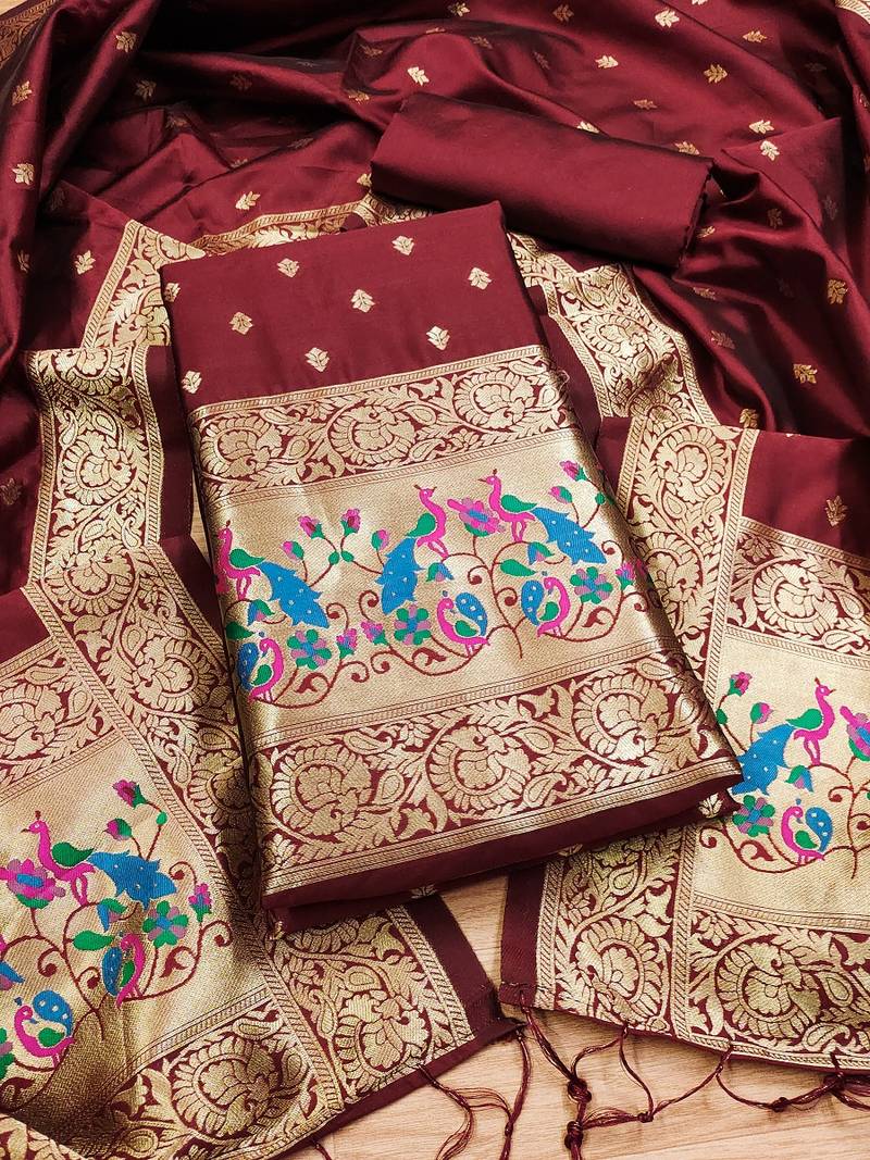 Maroon soft banarasi silk pure zari woven design dress material
