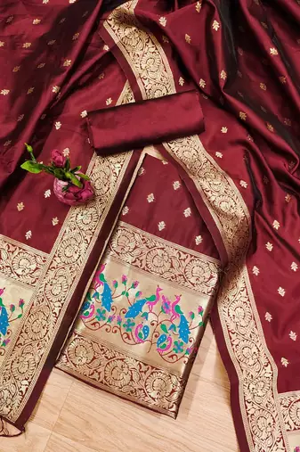 Maroon soft silk blend silk pure zari woven dress material